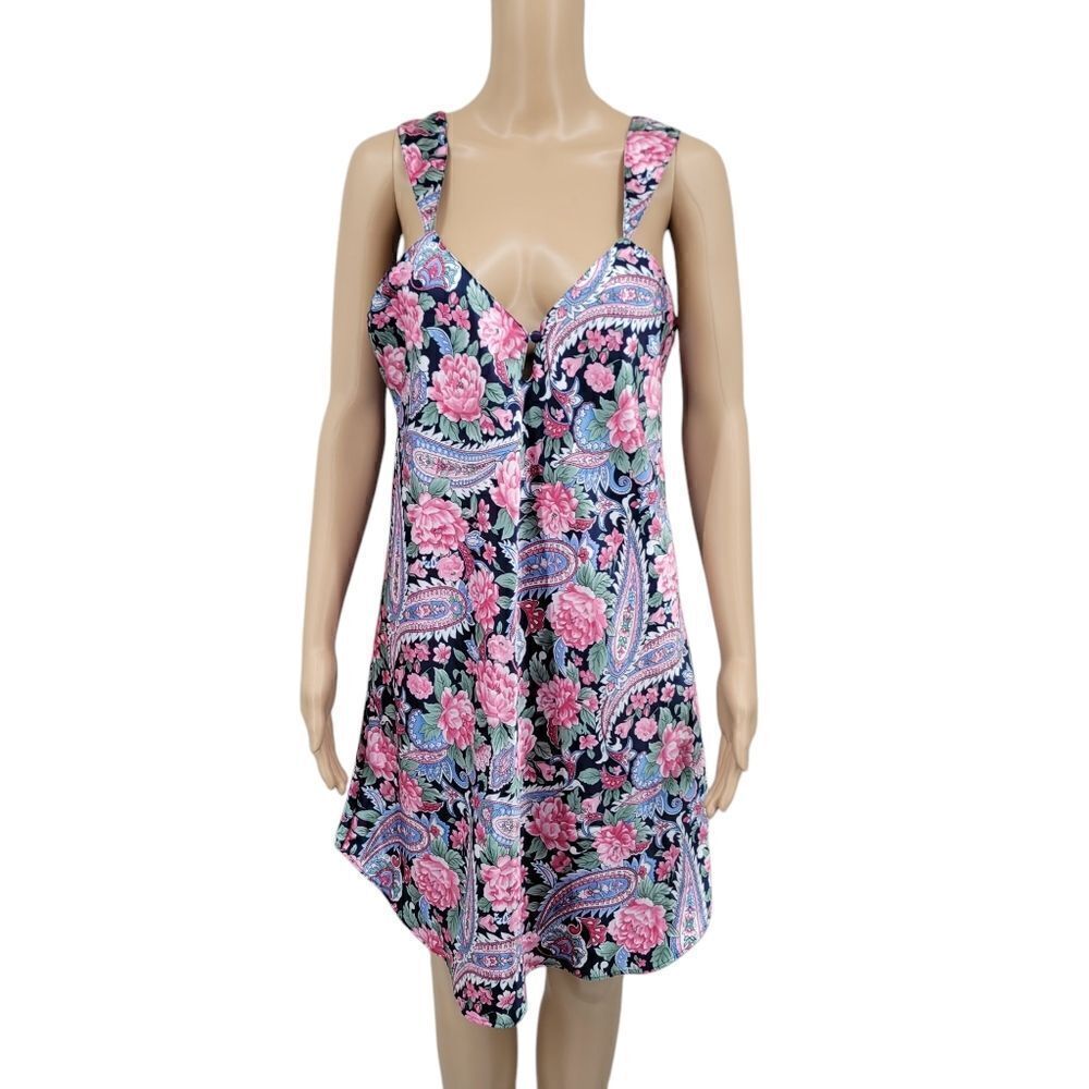 Kathryn Vintage Satin Slip Dress Chemsie Nightgown Pink Blue Paisley Floral
